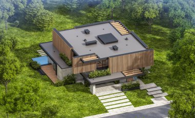 Park yeri ve havuzu satılık ya da kiralık, ahşap ön cepheli ve arka planda güzel peyzajlı modern konforlu bir ev. Mavi gökyüzü açık güneşli bir yaz günü.