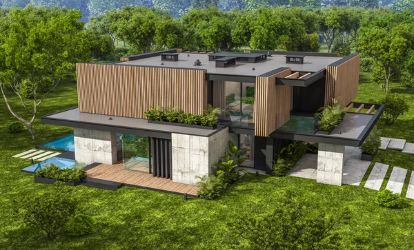 Rendering Von Modernen Gemütlichen Haus Mit Parkplatz Und Pool Zum — Stockfoto