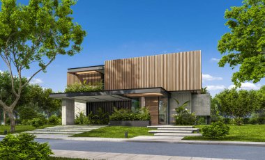 Park yeri ve havuzu satılık ya da kiralık, ahşap ön cepheli ve arka planda güzel peyzajlı modern konforlu bir ev. Mavi gökyüzü açık güneşli bir yaz günü.