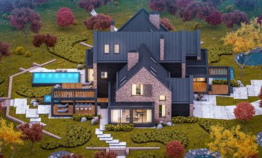 Garaj ve havuz satılık veya arka planda güzel peyzaj ile kiralık havuzlarda modern rahat klinker evin 3d render. Her yerde altın yapraklı yumuşak sonbahar akşamı.