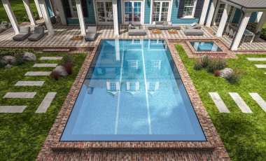 Arka planda güzel peyzajlı, garajı ve havuzu satılık ya da kirası olan koloni tarzında modern konforlu klasik evin 3D görüntüsü. Mavi gökyüzü açık güneşli bir yaz günü.