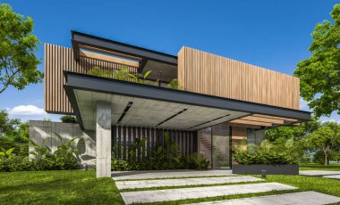 Park yeri ve havuzu satılık ya da kiralık, ahşap ön cepheli ve arka planda güzel peyzajlı modern konforlu bir ev. Mavi gökyüzü açık güneşli bir yaz günü.