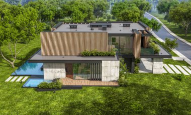 Park yeri ve havuzu satılık ya da kiralık, ahşap ön cepheli ve arka planda güzel peyzajlı modern konforlu bir ev. Mavi gökyüzü açık güneşli bir yaz günü.