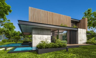 Park yeri ve havuzu satılık ya da kiralık, ahşap ön cepheli ve arka planda güzel peyzajlı modern konforlu bir ev. Mavi gökyüzü açık güneşli bir yaz günü.