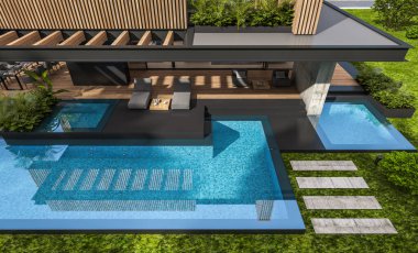 Park yeri ve havuzu satılık ya da kiralık, ahşap ön cepheli ve arka planda güzel peyzajlı modern konforlu bir ev. Mavi gökyüzü açık güneşli bir yaz günü.