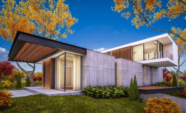 Arka planda güzel peyzaj ile satılık veya kiralık garaj ve havuz ile tepede modern rahat evin 3d render. Her yerde altın yapraklı yumuşak sonbahar akşamı