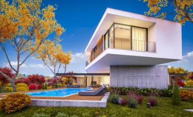 Arka planda güzel peyzaj ile satılık veya kiralık garaj ve havuz ile tepede modern rahat evin 3d render. Her yerde altın yapraklı yumuşak sonbahar akşamı