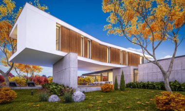 Arka planda güzel peyzaj ile satılık veya kiralık garaj ve havuz ile tepede modern rahat evin 3d render. Her yerde altın yapraklı yumuşak sonbahar akşamı