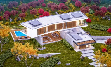 Arka planda güzel peyzaj ile satılık veya kiralık garaj ve havuz ile tepede modern rahat evin 3d render. Her yerde altın yapraklı yumuşak sonbahar akşamı