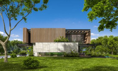 Park yeri ve havuzu satılık ya da kiralık, ahşap ön cepheli ve arka planda güzel peyzajlı modern konforlu bir ev. Mavi gökyüzü açık güneşli bir yaz günü.