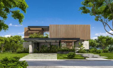 Park yeri ve havuzu satılık ya da kiralık, ahşap ön cepheli ve arka planda güzel peyzajlı modern konforlu bir ev. Mavi gökyüzü açık güneşli bir yaz günü.