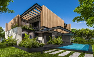 Park yeri ve havuzu satılık ya da kiralık, ahşap ön cepheli ve arka planda güzel peyzajlı modern konforlu bir ev. Mavi gökyüzü açık güneşli bir yaz günü.