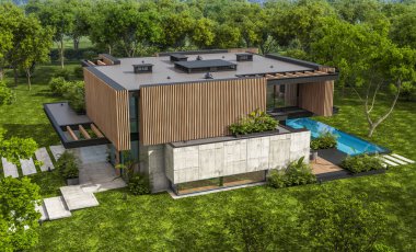 Park yeri ve havuzu satılık ya da kiralık, ahşap ön cepheli ve arka planda güzel peyzajlı modern konforlu bir ev. Mavi gökyüzü açık güneşli bir yaz günü.