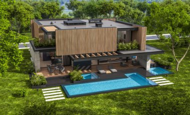 Park yeri ve havuzu satılık ya da kiralık, ahşap ön cepheli ve arka planda güzel peyzajlı modern konforlu bir ev. Mavi gökyüzü açık güneşli bir yaz günü.