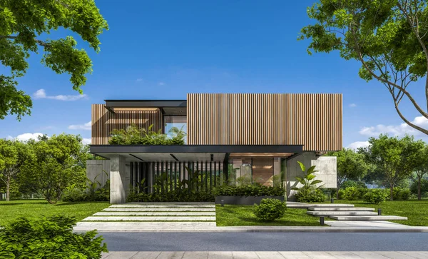 Park yeri ve havuzu satılık ya da kiralık, ahşap ön cepheli ve arka planda güzel peyzajlı modern konforlu bir ev. Mavi gökyüzü açık güneşli bir yaz günü.