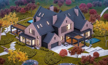 Garaj ve havuz satılık veya arka planda güzel peyzaj ile kiralık havuzlarda modern rahat klinker evin 3d render. Her yerde altın yapraklı yumuşak sonbahar akşamı.