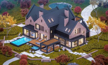 Garaj ve havuz satılık veya arka planda güzel peyzaj ile kiralık havuzlarda modern rahat klinker evin 3d render. Her yerde altın yapraklı yumuşak sonbahar akşamı.