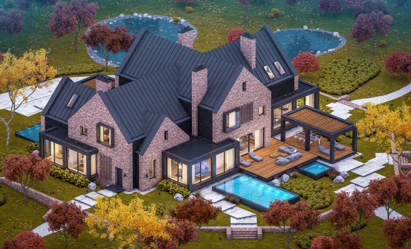 Garaj ve havuz satılık veya arka planda güzel peyzaj ile kiralık havuzlarda modern rahat klinker evin 3d render. Her yerde altın yapraklı yumuşak sonbahar akşamı.