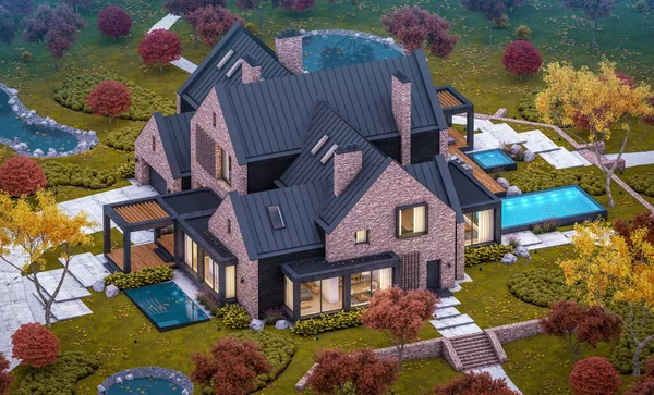 Garaj ve havuz satılık veya arka planda güzel peyzaj ile kiralık havuzlarda modern rahat klinker evin 3d render. Her yerde altın yapraklı yumuşak sonbahar akşamı.