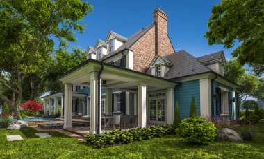 Arka planda güzel peyzajlı, garajı ve havuzu satılık ya da kirası olan koloni tarzında modern konforlu klasik evin 3D görüntüsü. Mavi gökyüzü açık güneşli bir yaz günü.