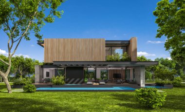 Park yeri ve havuzu satılık ya da kiralık, ahşap ön cepheli ve arka planda güzel peyzajlı modern konforlu bir ev. Mavi gökyüzü açık güneşli bir yaz günü.