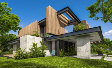 Park yeri ve havuzu satılık ya da kiralık, ahşap ön cepheli ve arka planda güzel peyzajlı modern konforlu bir ev. Mavi gökyüzü açık güneşli bir yaz günü.