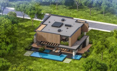 Park yeri ve havuzu satılık ya da kiralık, ahşap ön cepheli ve arka planda güzel peyzajlı modern konforlu bir ev. Mavi gökyüzü açık güneşli bir yaz günü.