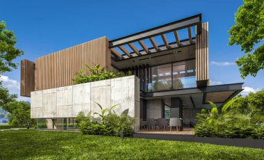 Park yeri ve havuzu satılık ya da kiralık, ahşap ön cepheli ve arka planda güzel peyzajlı modern konforlu bir ev. Mavi gökyüzü açık güneşli bir yaz günü.