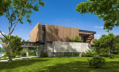 Park yeri ve havuzu satılık ya da kiralık, ahşap ön cepheli ve arka planda güzel peyzajlı modern konforlu bir ev. Mavi gökyüzü açık güneşli bir yaz günü.