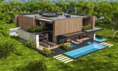 Park yeri ve havuzu satılık ya da kiralık, ahşap ön cepheli ve arka planda güzel peyzajlı modern konforlu bir ev. Mavi gökyüzü açık güneşli bir yaz günü.