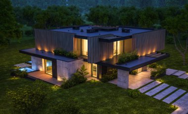 Park yeri ve havuzu satılık ya da kiralık, ahşap ön cepheli ve arka planda güzel peyzajlı modern konforlu bir ev. Gökyüzünde bir sürü yıldızla berrak bir yaz gecesi.