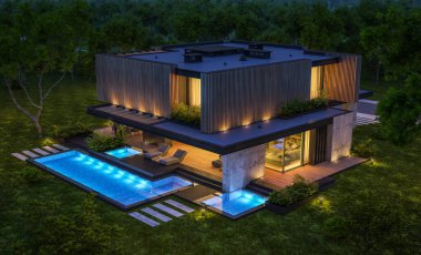 Park yeri ve havuzu satılık ya da kiralık, ahşap ön cepheli ve arka planda güzel peyzajlı modern konforlu bir ev. Gökyüzünde bir sürü yıldızla berrak bir yaz gecesi.
