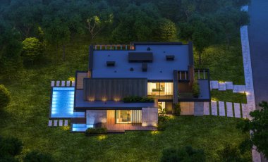 Park yeri ve havuzu satılık ya da kiralık, ahşap ön cepheli ve arka planda güzel peyzajlı modern konforlu bir ev. Gökyüzünde bir sürü yıldızla berrak bir yaz gecesi.