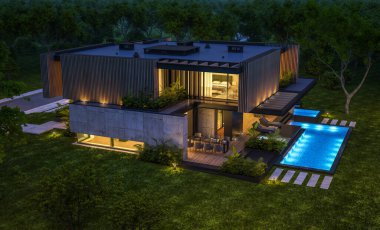 Park yeri ve havuzu satılık ya da kiralık, ahşap ön cepheli ve arka planda güzel peyzajlı modern konforlu bir ev. Gökyüzünde bir sürü yıldızla berrak bir yaz gecesi.
