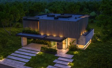 Park yeri ve havuzu satılık ya da kiralık, ahşap ön cepheli ve arka planda güzel peyzajlı modern konforlu bir ev. Gökyüzünde bir sürü yıldızla berrak bir yaz gecesi.