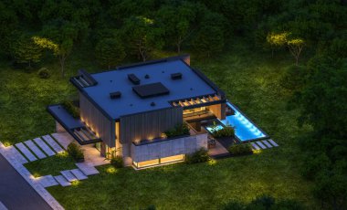 Park yeri ve havuzu satılık ya da kiralık, ahşap ön cepheli ve arka planda güzel peyzajlı modern konforlu bir ev. Gökyüzünde bir sürü yıldızla berrak bir yaz gecesi.