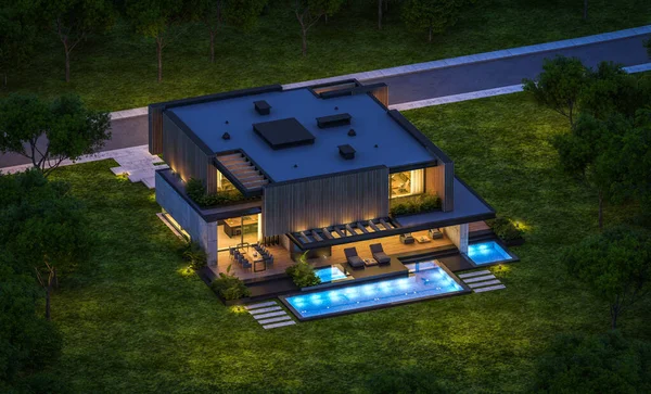 3D展示现代化舒适的房子 有停车场和游泳池出售或出租 有木板立面和漂亮的背景景观 晴朗的夏夜 天上有许多星星 — 图库照片