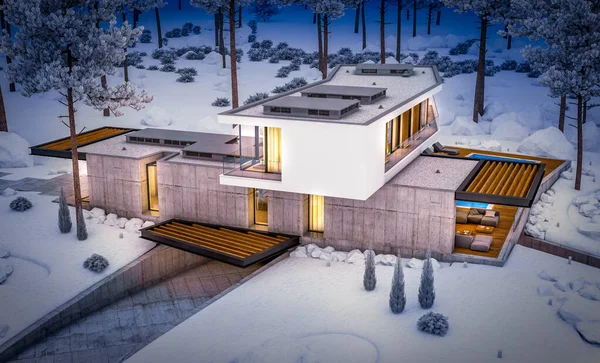 Tepedeki Garajı Havuzu Satılık Olan Arka Planda Güzel Kar Manzarası — Stok fotoğraf