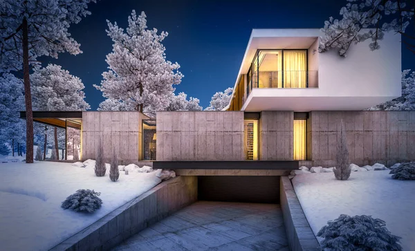 3d rendering of modern cozy house on the hill with garage and pool for sale or rent with beautiful landscaping on background. Cool winter night with cozy light inside.