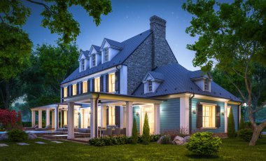 Arka planda güzel peyzajlı, garajı ve havuzu satılık ya da kirası olan koloni tarzında modern konforlu klasik evin 3D görüntüsü. Gökyüzünde bir sürü yıldızla berrak bir yaz gecesi.