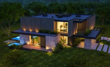 Park yeri ve havuzu satılık ya da kiralık, ahşap ön cepheli ve arka planda güzel peyzajlı modern konforlu bir ev. Gökyüzünde bir sürü yıldızla berrak bir yaz gecesi.