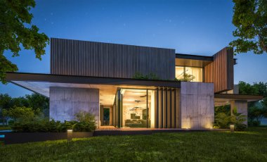 Park yeri ve havuzu satılık ya da kiralık, ahşap ön cepheli ve arka planda güzel peyzajlı modern konforlu bir ev. Gökyüzünde bir sürü yıldızla berrak bir yaz gecesi.