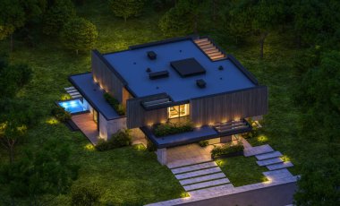 Park yeri ve havuzu satılık ya da kiralık, ahşap ön cepheli ve arka planda güzel peyzajlı modern konforlu bir ev. Gökyüzünde bir sürü yıldızla berrak bir yaz gecesi.