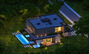 Park yeri ve havuzu satılık ya da kiralık, ahşap ön cepheli ve arka planda güzel peyzajlı modern konforlu bir ev. Gökyüzünde bir sürü yıldızla berrak bir yaz gecesi.