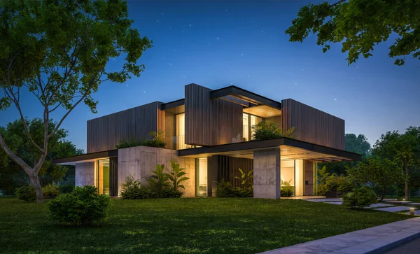 Rendering Von Modernen Gemütlichen Haus Mit Parkplatz Und Pool Zum — Stockfoto