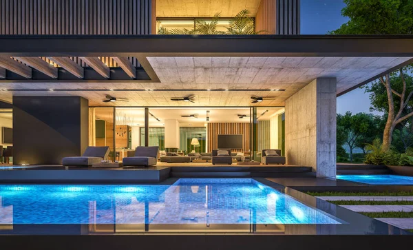 Park yeri ve havuzu satılık ya da kiralık, ahşap ön cepheli ve arka planda güzel peyzajlı modern konforlu bir ev. Gökyüzünde bir sürü yıldızla berrak bir yaz gecesi.