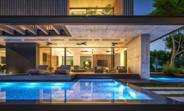 3d rendering of modern cozy house with parking and pool for sale or rent with wood plank facade and beautiful landscaping on background. Clear summer night with many stars on the sky.