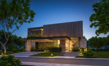 Park yeri ve havuzu satılık ya da kiralık, ahşap ön cepheli ve arka planda güzel peyzajlı modern konforlu bir ev. Gökyüzünde bir sürü yıldızla berrak bir yaz gecesi.