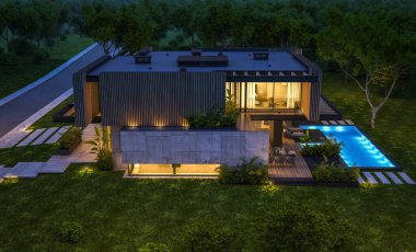 Park yeri ve havuzu satılık ya da kiralık, ahşap ön cepheli ve arka planda güzel peyzajlı modern konforlu bir ev. Gökyüzünde bir sürü yıldızla berrak bir yaz gecesi.