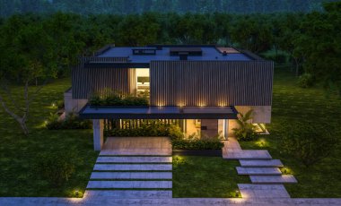 Park yeri ve havuzu satılık ya da kiralık, ahşap ön cepheli ve arka planda güzel peyzajlı modern konforlu bir ev. Gökyüzünde bir sürü yıldızla berrak bir yaz gecesi.